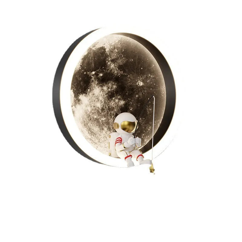 Modern minimalist moon wall lamp with acrylic shade, black finish, showing warm light, 220V