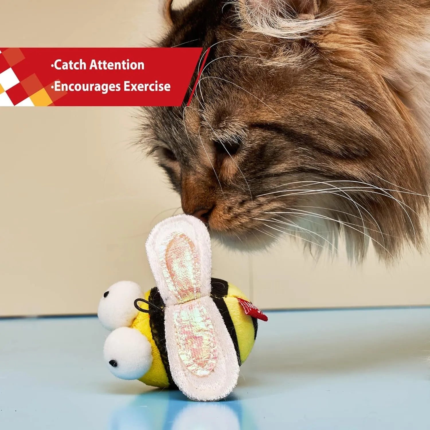 Yellow bee-shaped flannelette cat toy with electronic sound component for motion-activated chirping