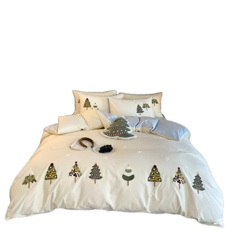 Cute Christmas tree and floral embroidered pure cotton four-piece bedding set in cream blue or green
