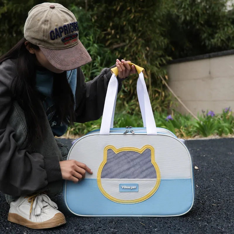 Foldable cat backpack in Oxford cloth with 15 jin capacity, shown in blue colour option