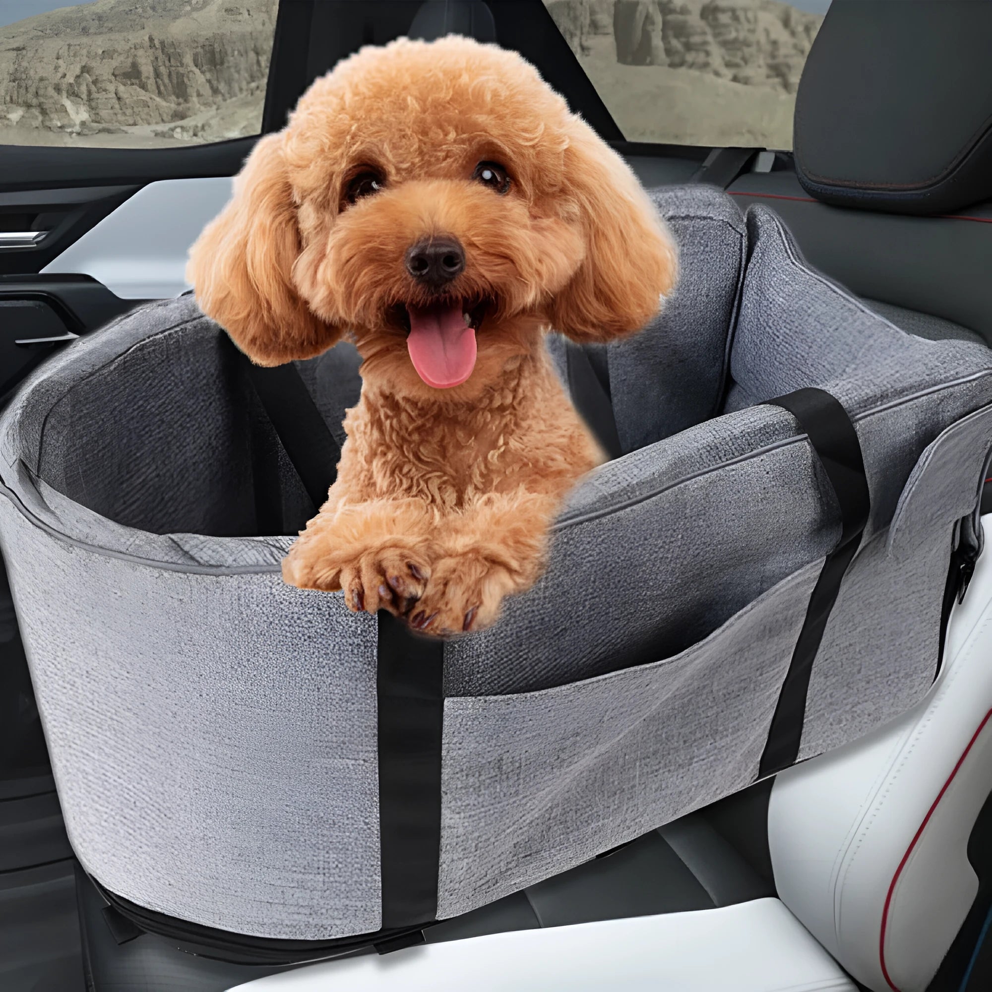 Outdoor cloth dog kennel shown in available colours: grey, blue, red, and grey mesh patterns