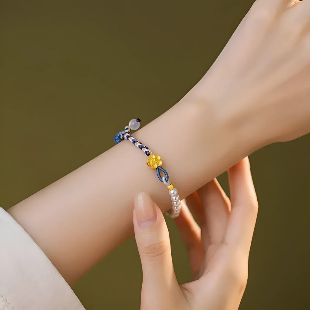 Peach-coloured chalcedony carrying strap bracelet with Chinese flower weaving and pearl accents