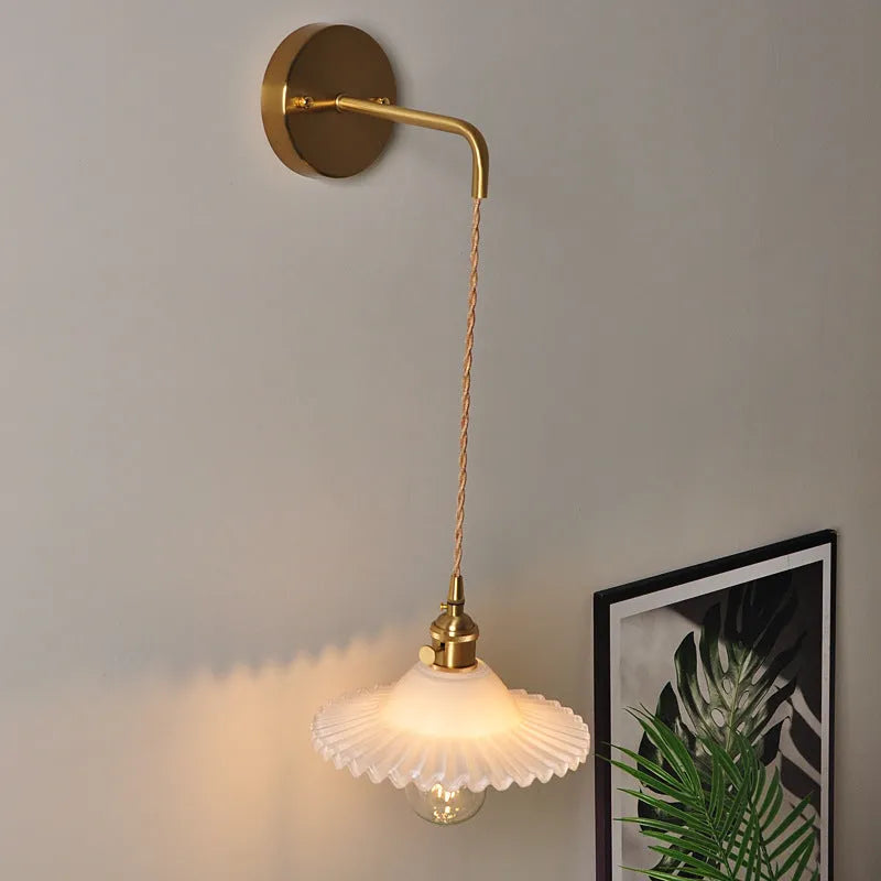 Copper retro wall lamp with a glass lotus shade in one of six colour options.