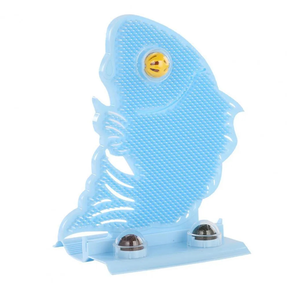 Cat toy fish-shaped wall scratcher with catnip ball and bell on wall, available in blue grey pink plastic 31cm