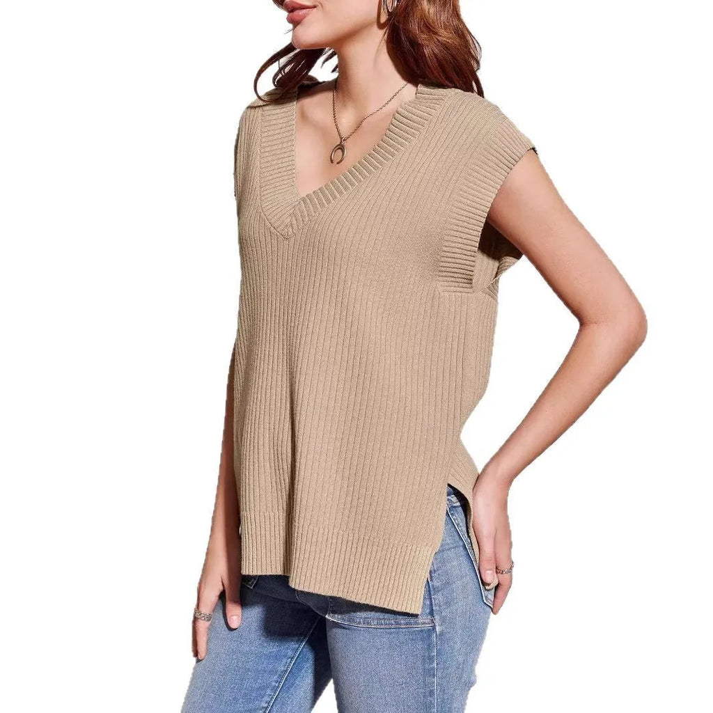 Women's v-neck sleeveless loose pullover vest in camel colour with striped pattern