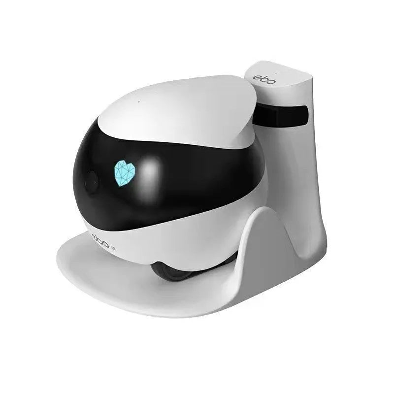 White smart home mobile robot surveillance camera with automatic charging dock