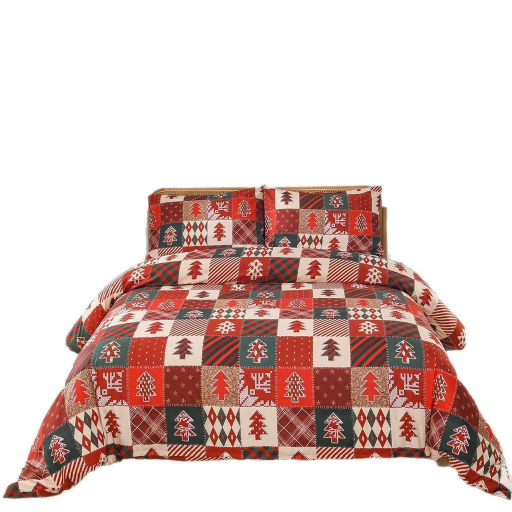 Christmas red plaid European style bed cover three-piece bedding set laid on a bed