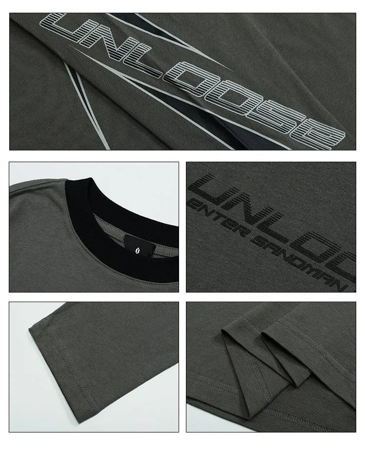 Cotton drop shoulder pullover sweatshirt with letter pattern print in grey khaki colour