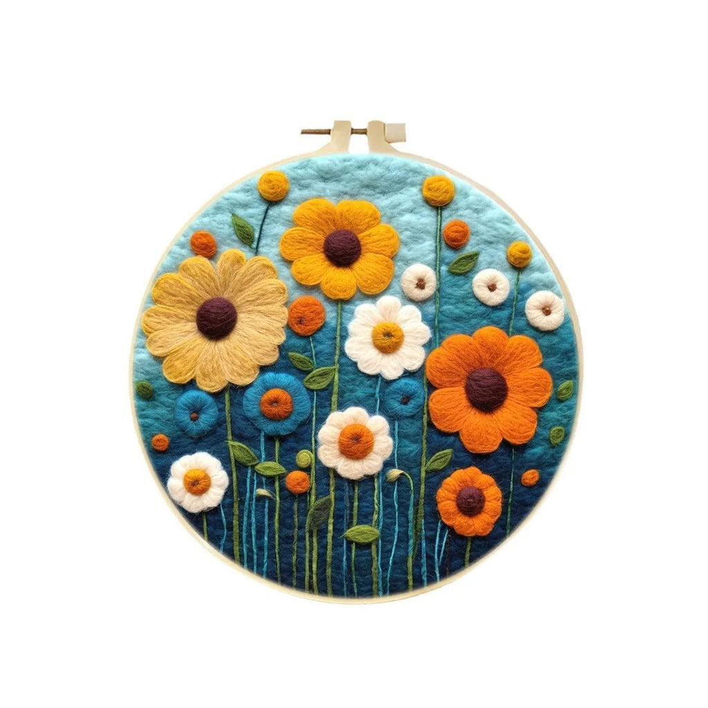 Round linen embroidery kit with wool felt, three-dimensional blanket painting, flowers grass leaves pattern, 20x20 cm, free frame included.