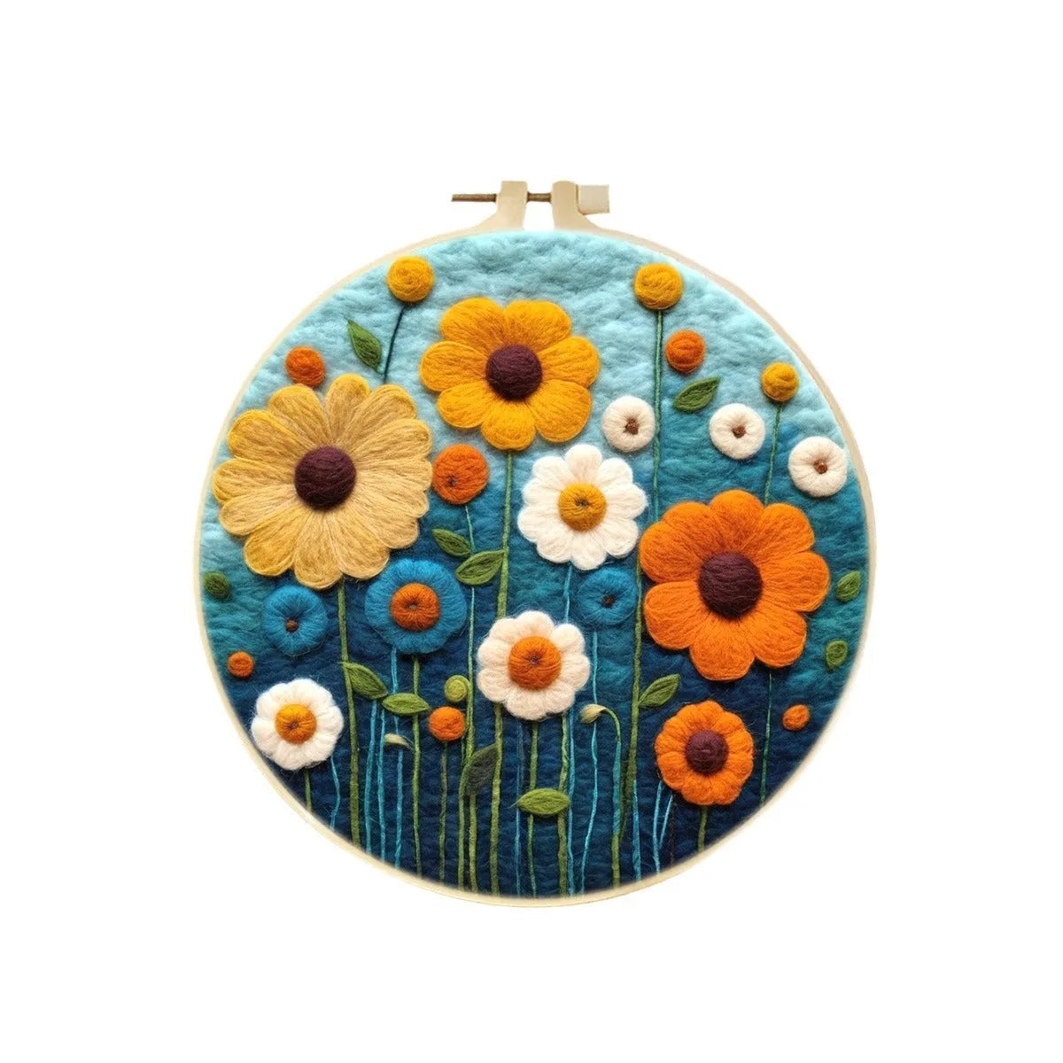 Round linen embroidery kit with wool felt, three-dimensional blanket painting, flowers grass leaves pattern, 20x20 cm, free frame included.
