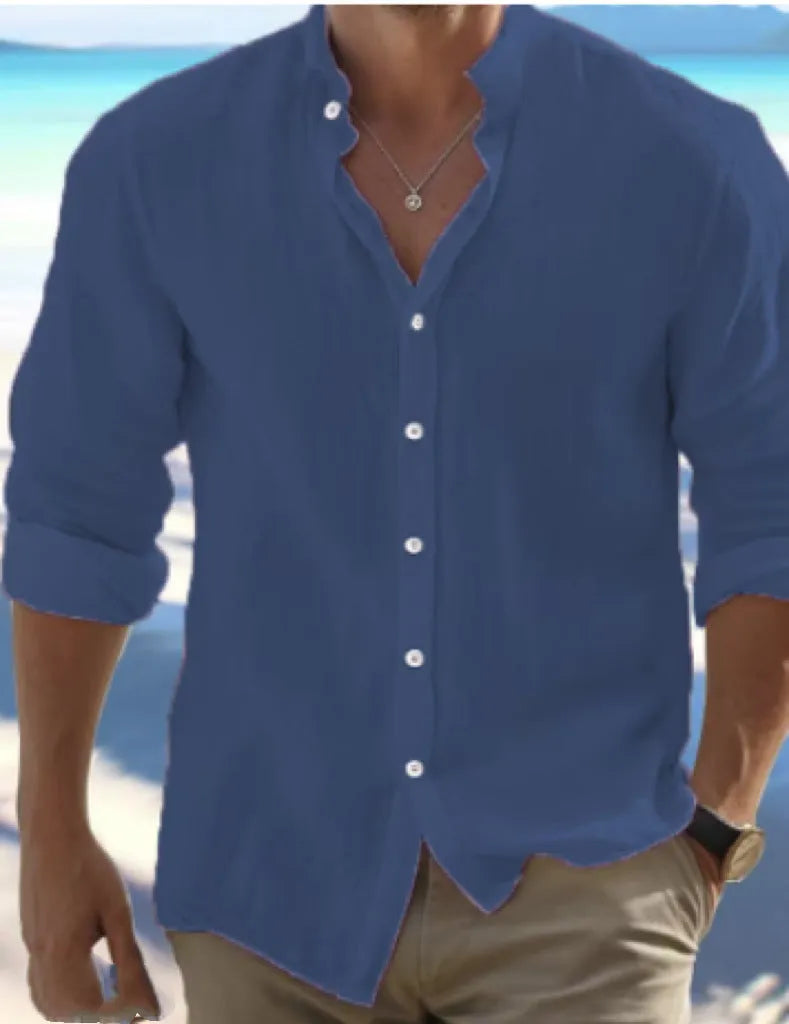 Men's casual long-staple cotton pullover shirt in light blue with collage stitching detail.