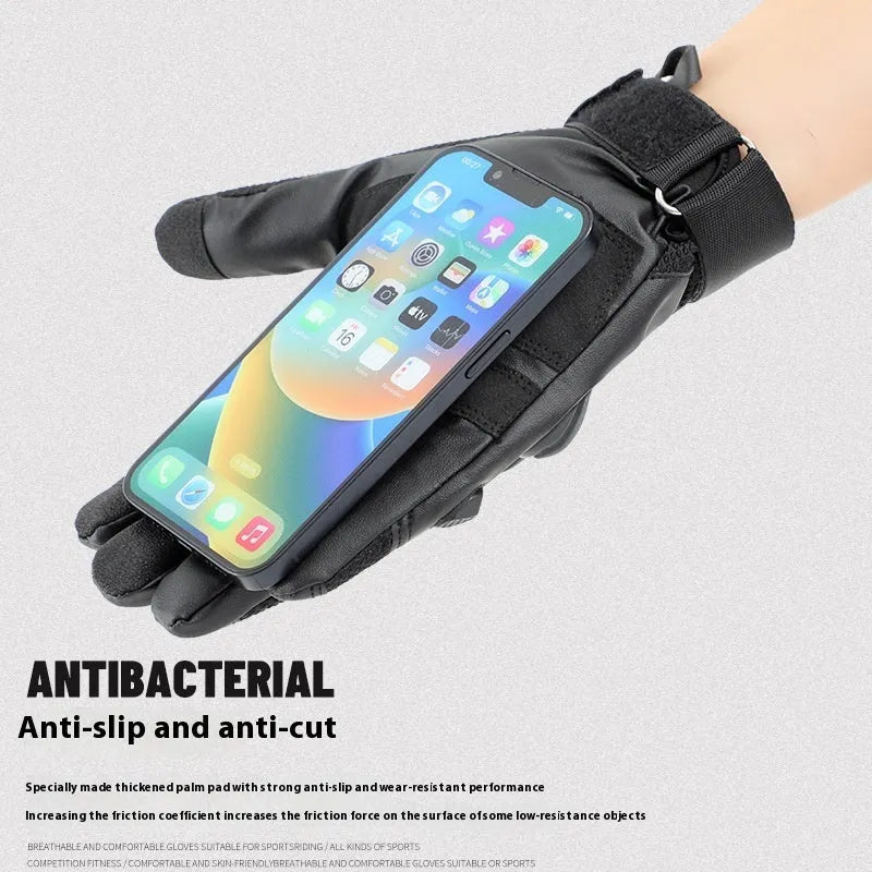 Men's black tactical gloves with touch screen fingertips showing full finger design