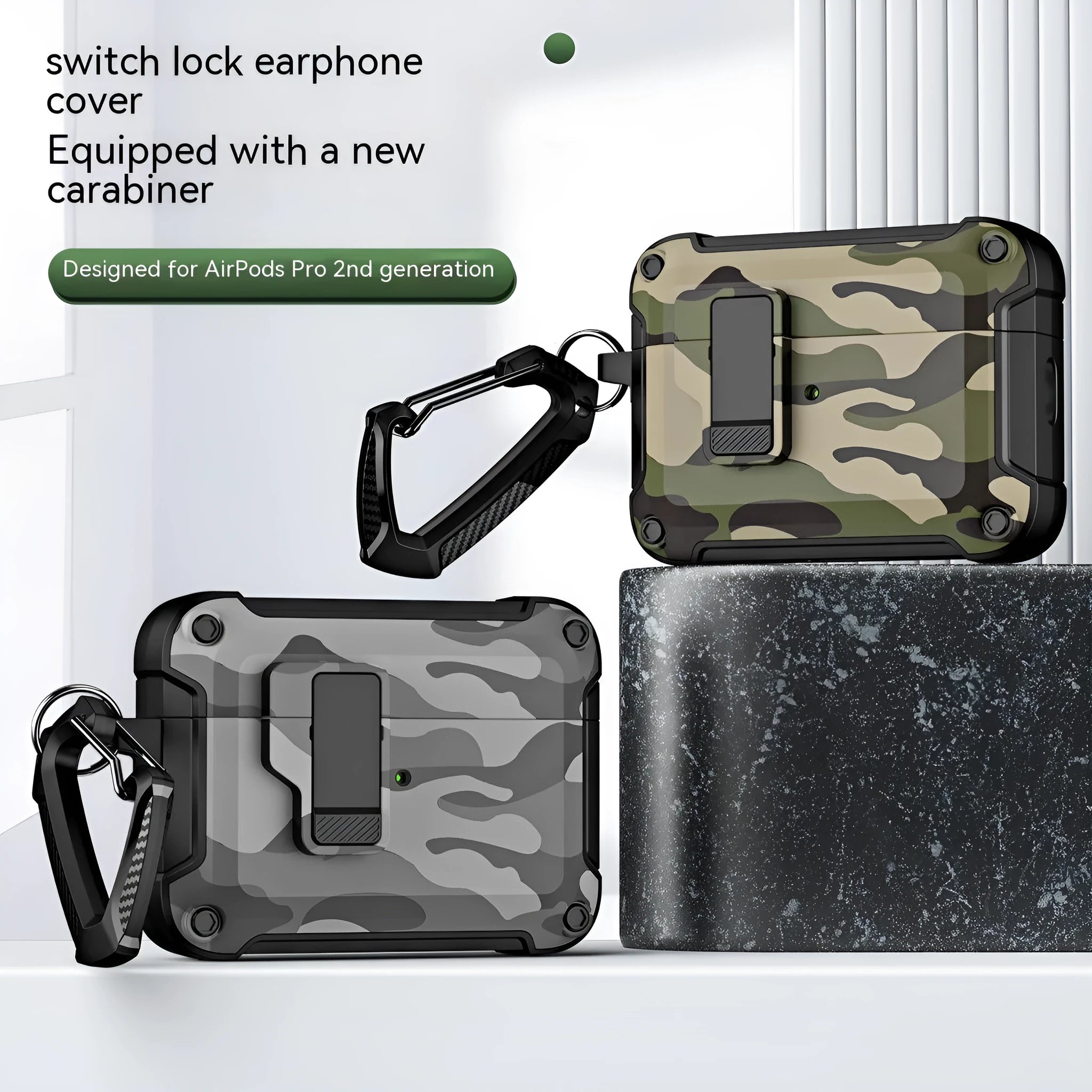 Camouflage gray headset protective cover with magnetic closure for AirPods charging case