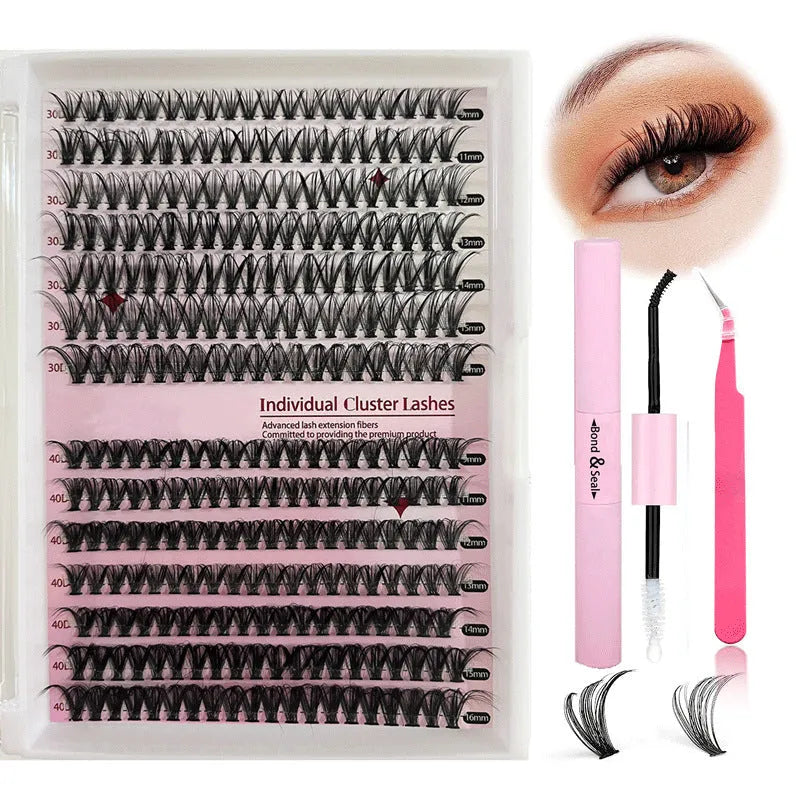 DIY mixed pack of cluster false eyelashes showing boxes of 30D, 40D, and combination lashes with tweezers.
