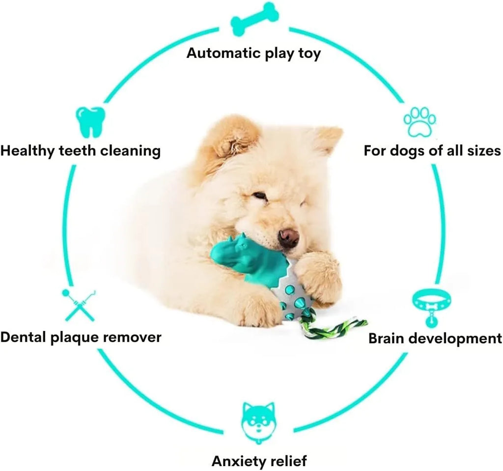 Blue dinosaur-shaped durable rubber dog chew toy with a knotted rope centre for aggressive chewers.