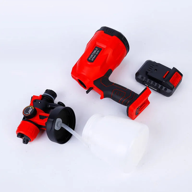 Blue cordless automatic paint spray gun with a large paint container and nozzle.