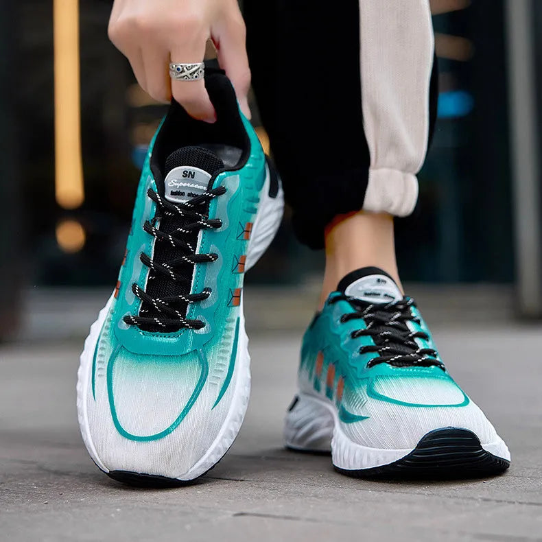 Fly-woven mesh thick-soled sports sneakers in blue and green – breathable lace-up men's walking running shoes