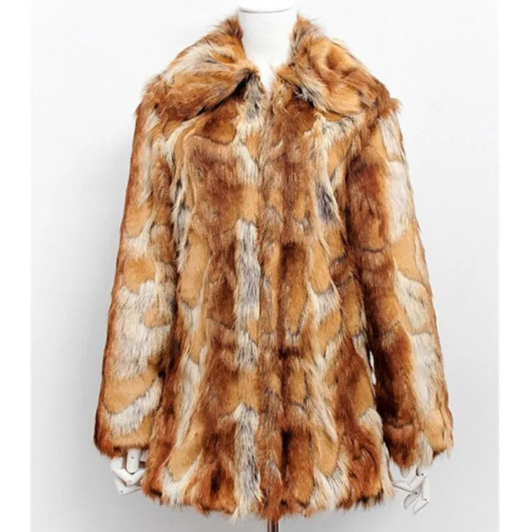 Women's tiger pattern faux fur jacket with medium length and long sleeves