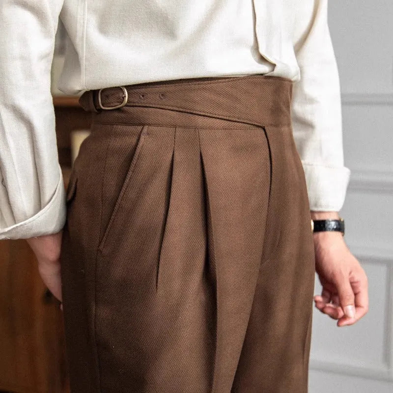 Men's high waist straight-leg casual trousers in black polyester fabric laid flat.
