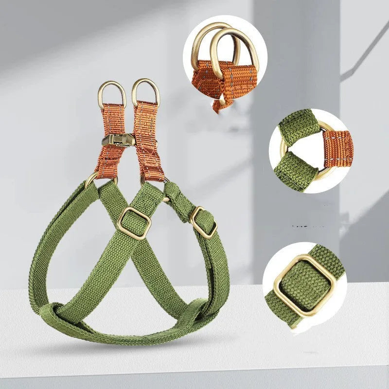 Brown vest-style anti-loss dog leash with cotton belt and nylon construction showing alloy fastener