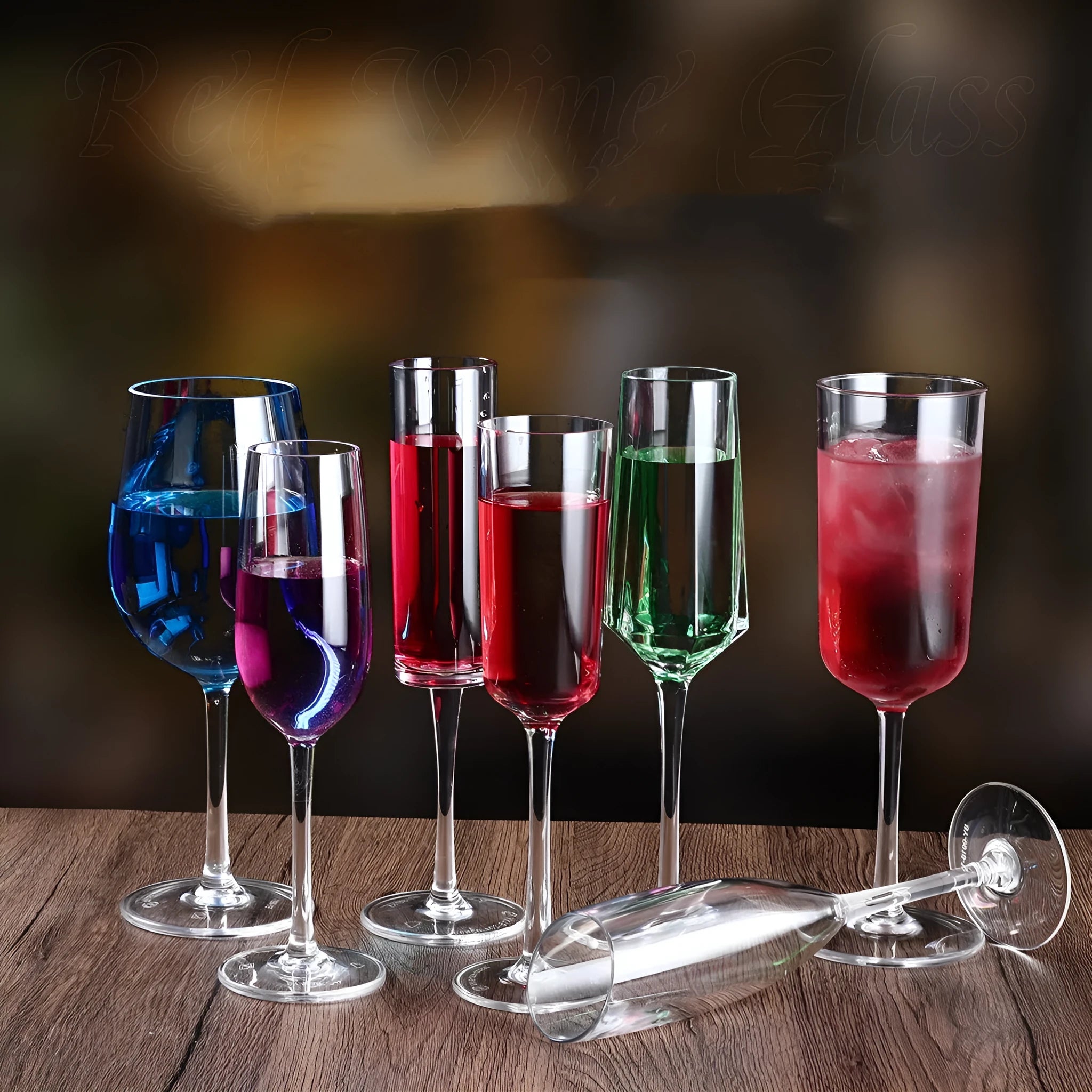 Modern clear plastic wine glass with simple design, shown in 300ml and 550ml sizes.