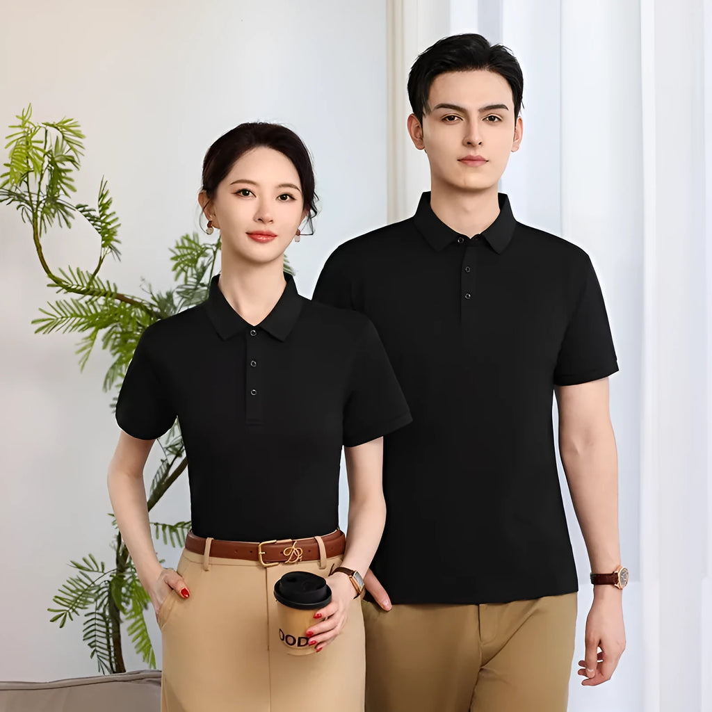 Lapel polo shirt for men and women, short sleeve, 100% polyester, available in 12 colours including light blue and army green