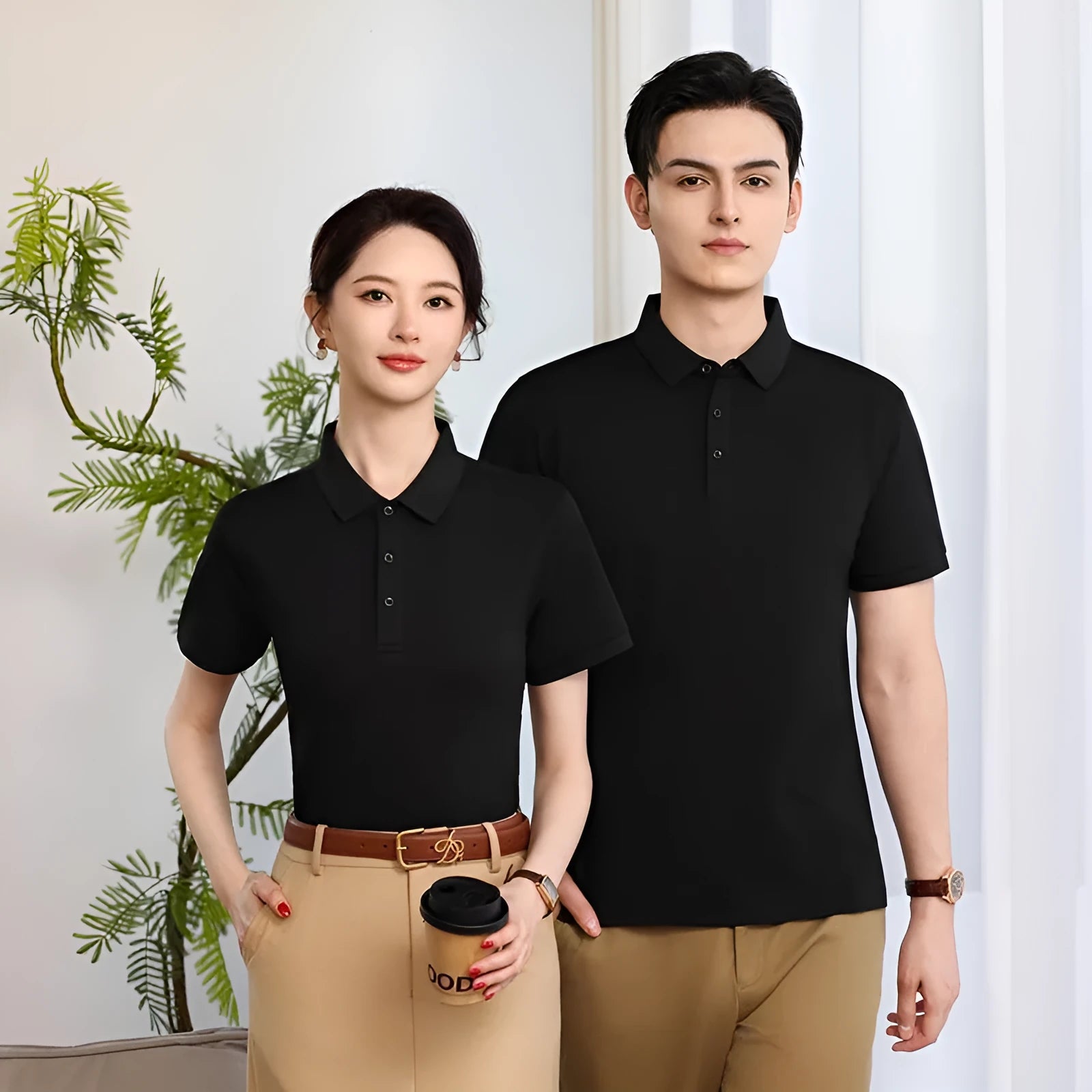 Lapel polo shirt for men and women, short sleeve, 100% polyester, available in 12 colours including light blue and army green