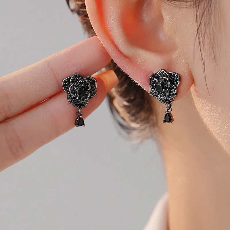 Black rose zircon flower stud earrings for women, 18K gold plated copper jewellery