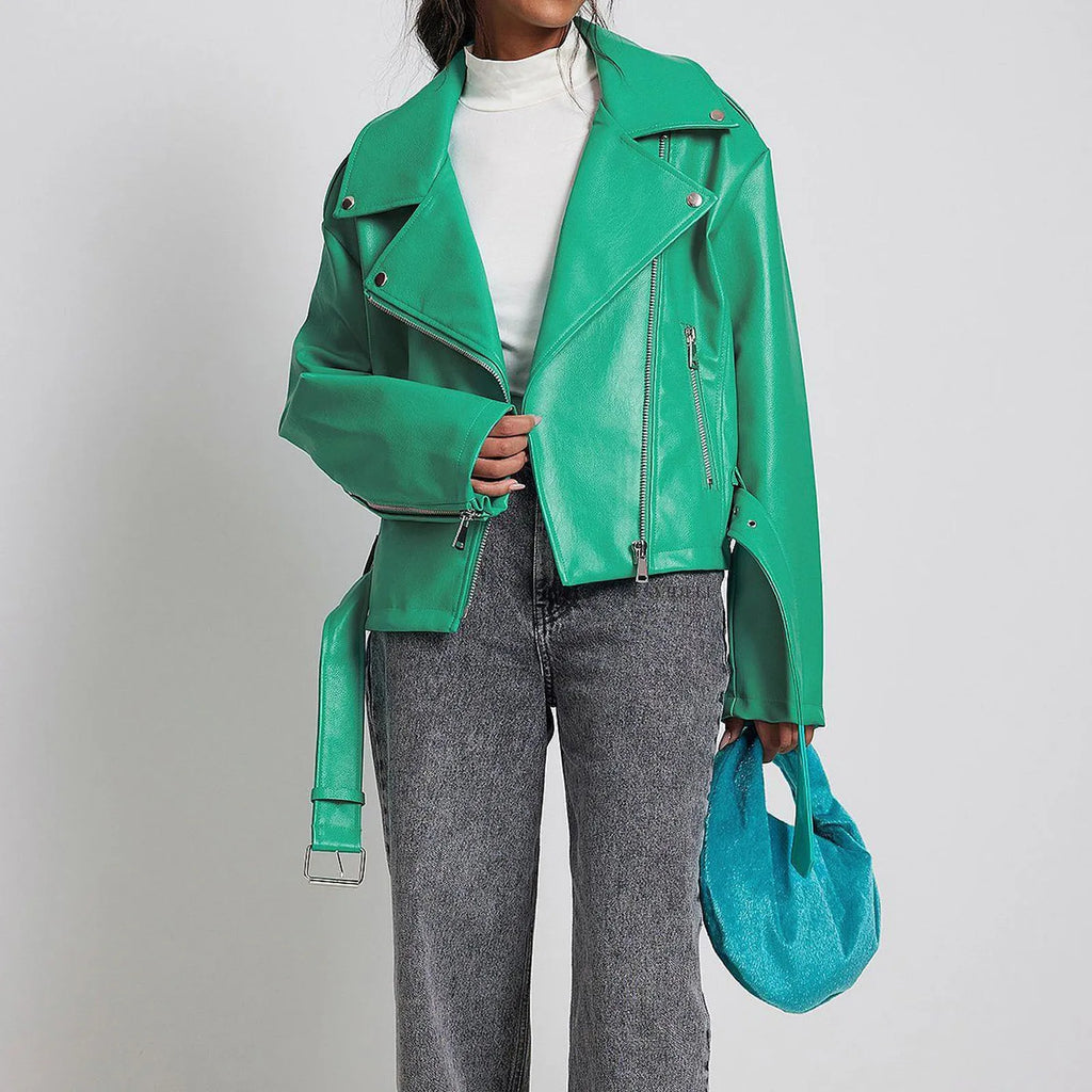 Punk short belt lapel locomotive style jacket in polyester fibre with Peter Pan collar