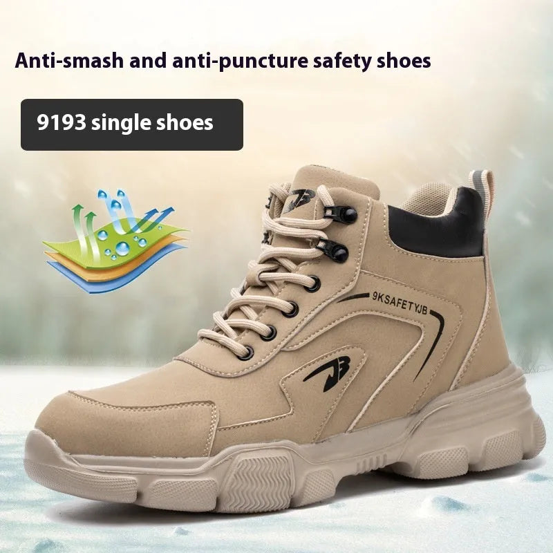 Brown leather anti-smash and puncture resistant lightweight labour protection shoes with rubber sole.