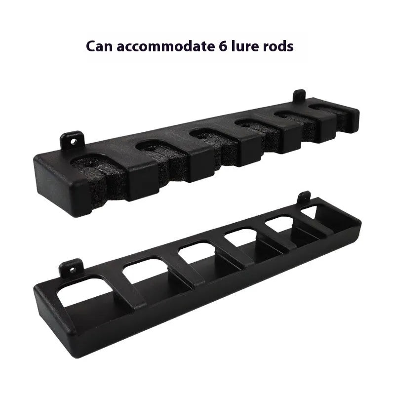 Black ABS plastic wall-mounted fishing rod holder showing upright and horizontal mounting options