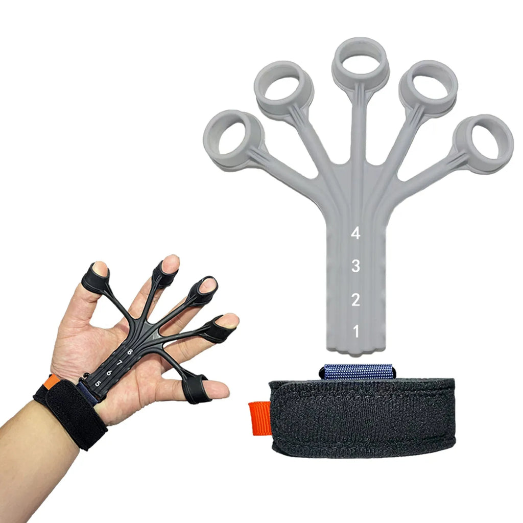 Black silicone finger flexion and extension trainer with adjustable belt for resistance training.