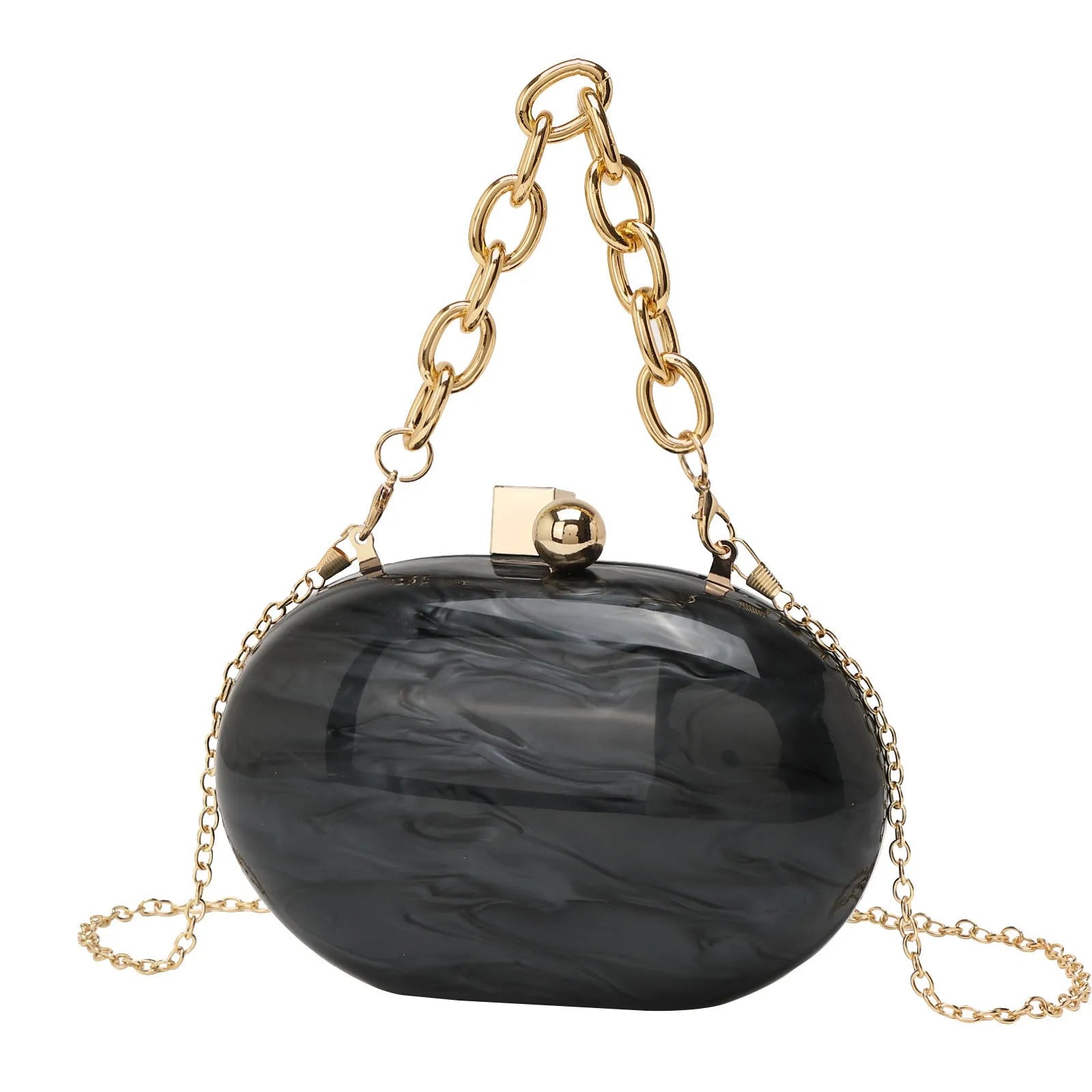 Oval acrylic chain crossbody handbag in pearlescent white with hard shell and three-dimensional pocket