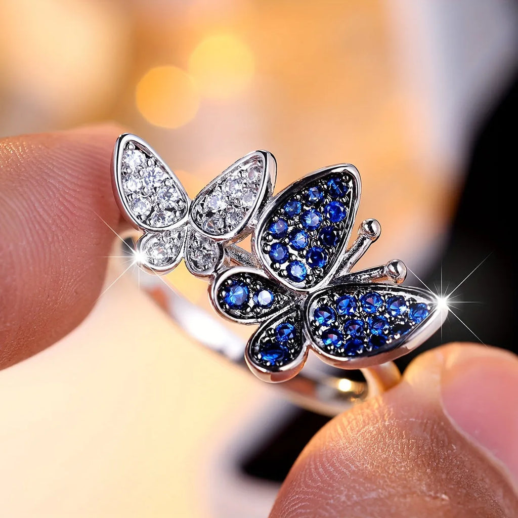 Blue and white butterfly ring for women, copper with electroplating finish, size No 8