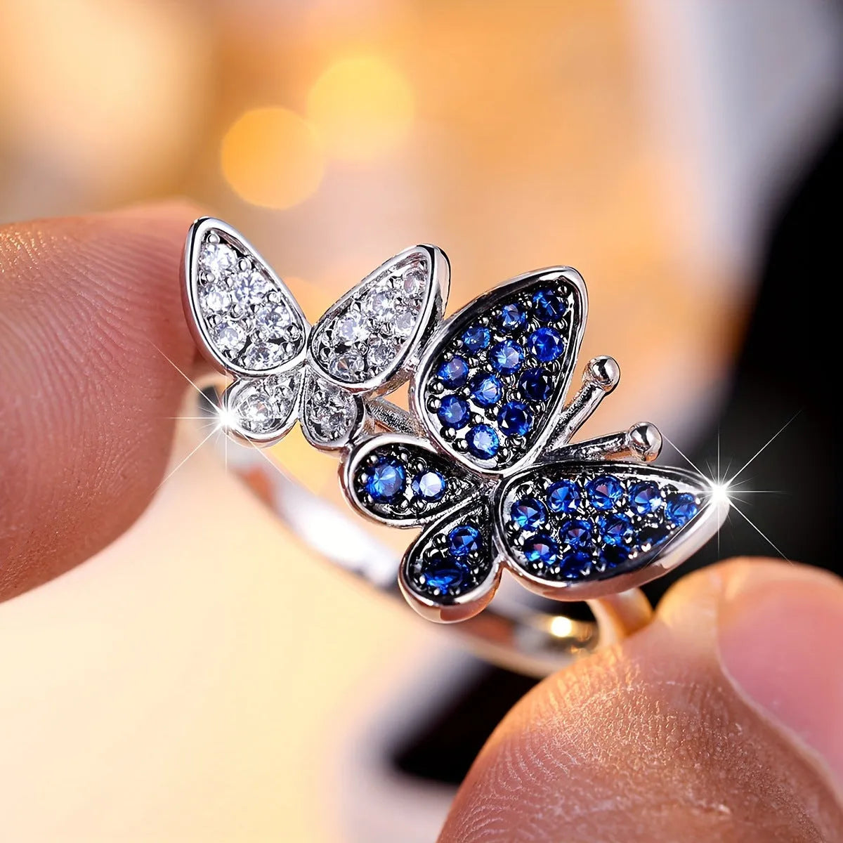 Blue and white butterfly ring for women, copper with electroplating finish, size No 8