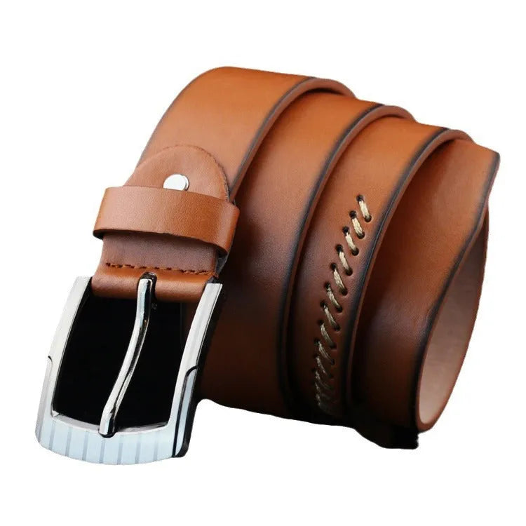 Men's retro style threading belt with alloy pin buckle in black, brown, or white, 110cm long.