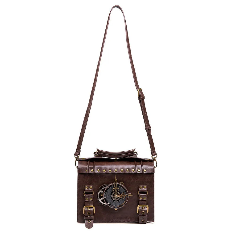 Bronze steampunk industrial retro shoulder bag with metal hardware on horizontal pillow shape