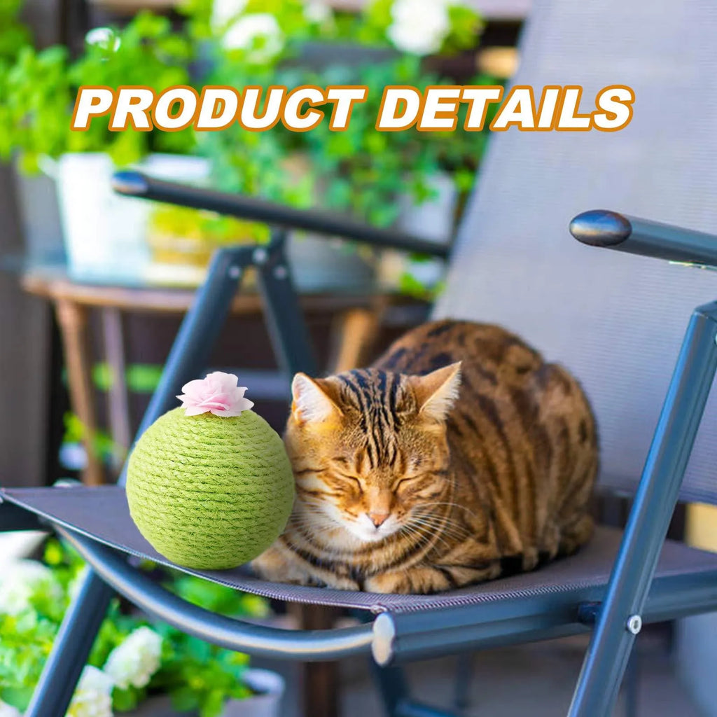 Green interactive tumbler cactus cat scratcher with natural sisal and rolling ball for indoor play
