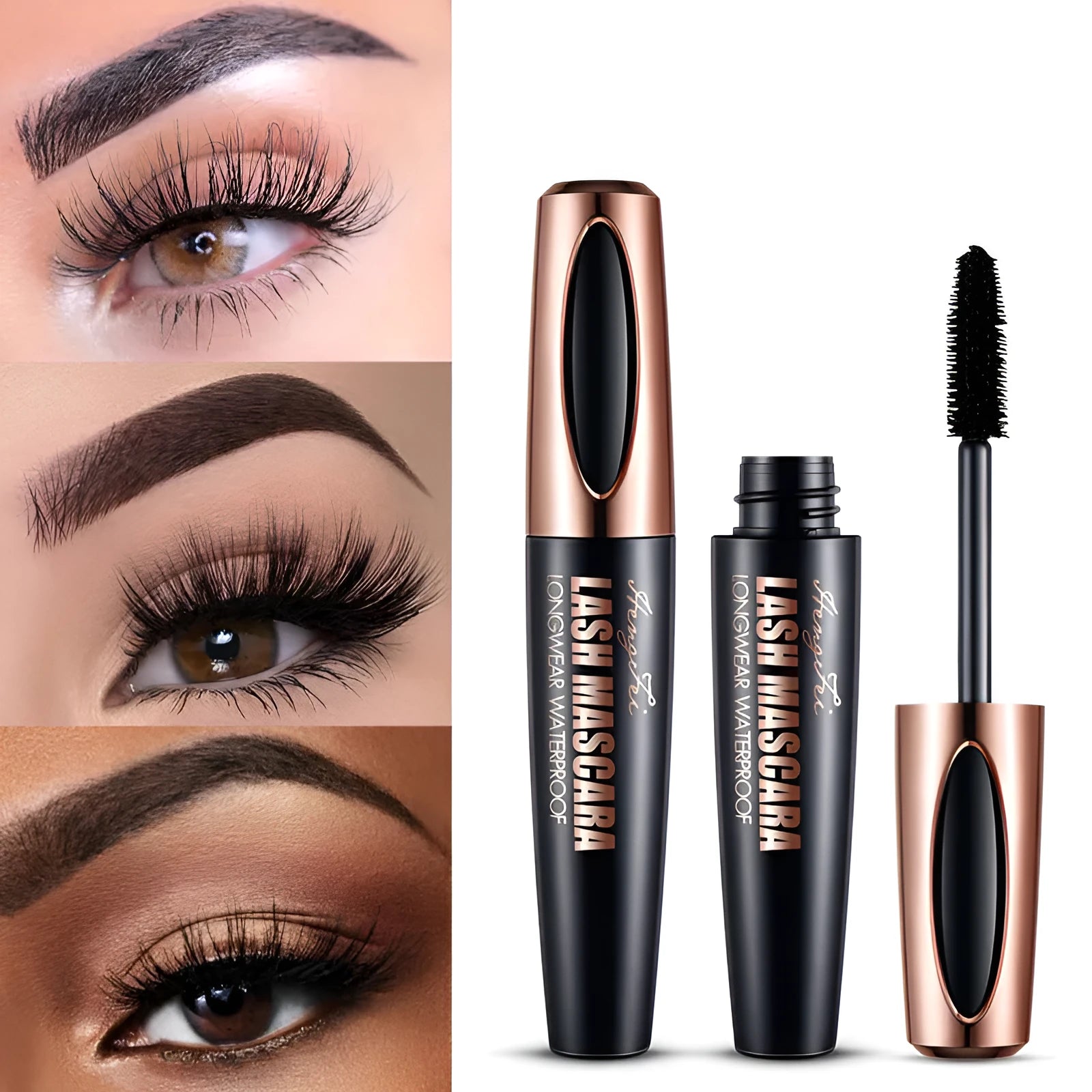 Black waterproof curling mascara with sweat-resistant smudge-proof formula in packaging