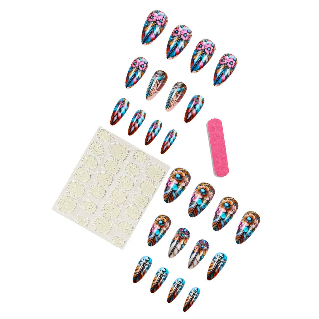 Retro colourful feather wear armour nail art set with plastic tips and jelly glue burnishing stick