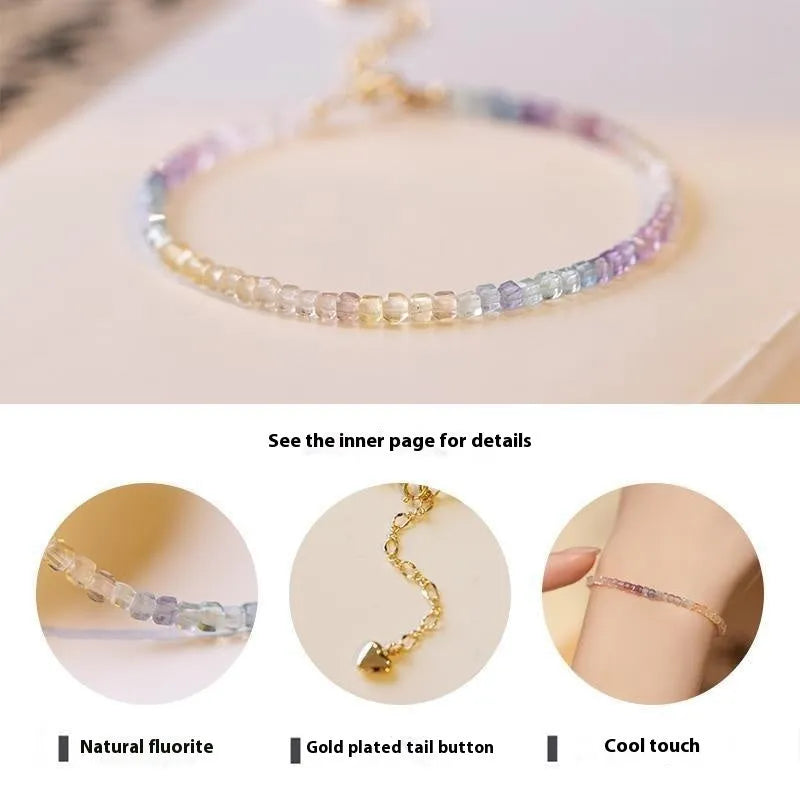 Handmade women's rainbow fluorite bracelet with copper and geometric quadrilateral shape