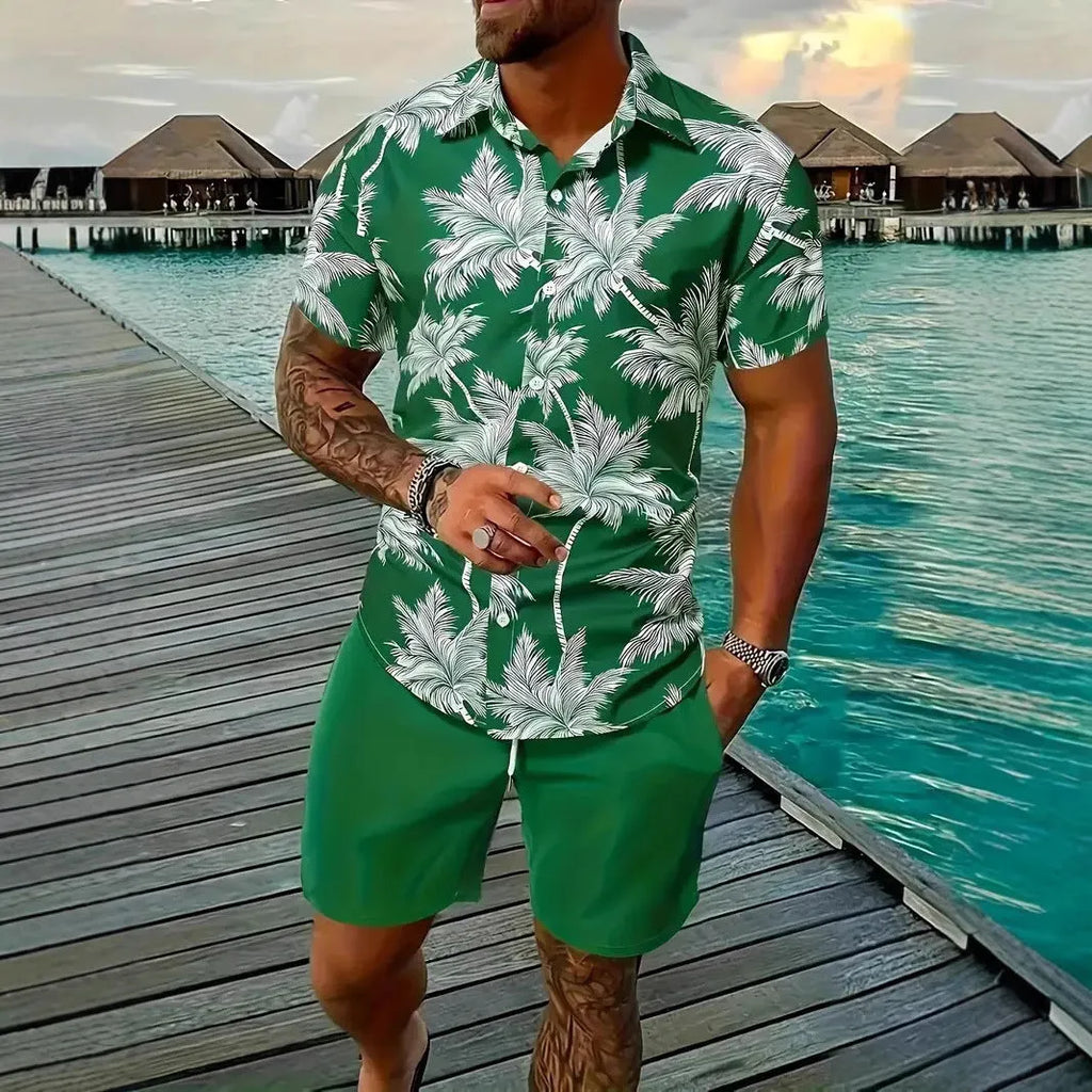 Man wearing a 3D printed Hawaiian pattern short sleeve shirt and matching shorts casual suit set.