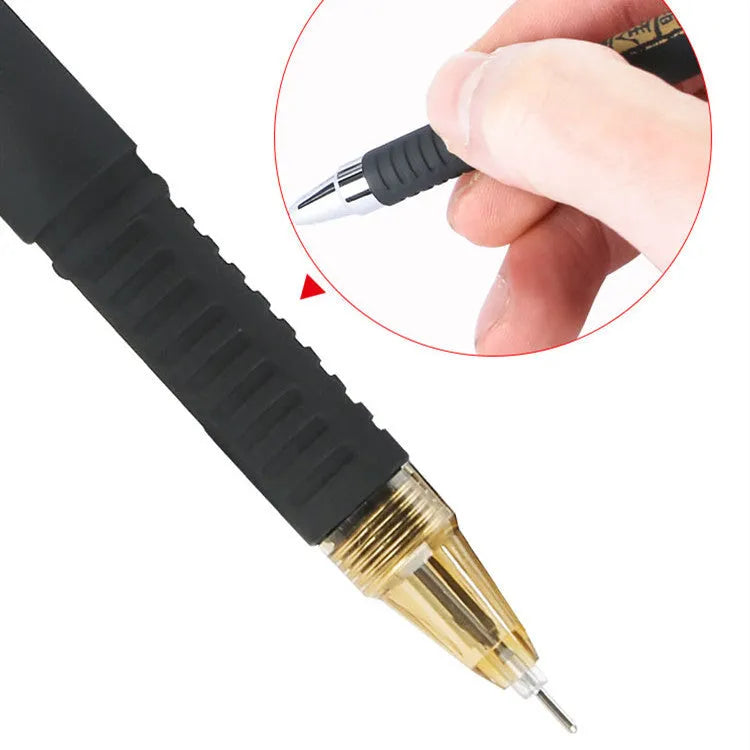 Carbon black gel pen with black ink, plastic body, and cap closure on white background