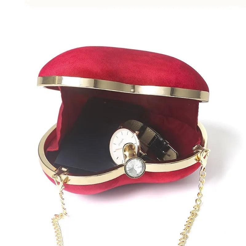 Small heart-shaped plush cotton chain bag with hook closure and card pocket, available in red light grey black and pink