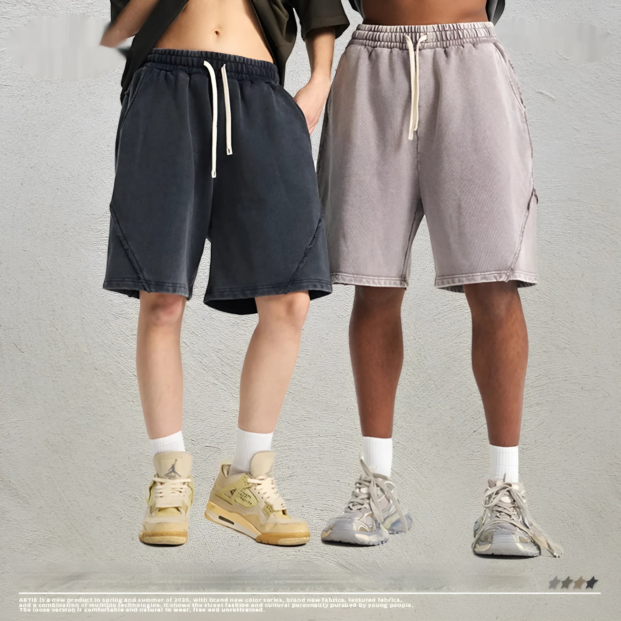 Men's batik washed pure cotton terry loose fit shorts in retro street fashion style