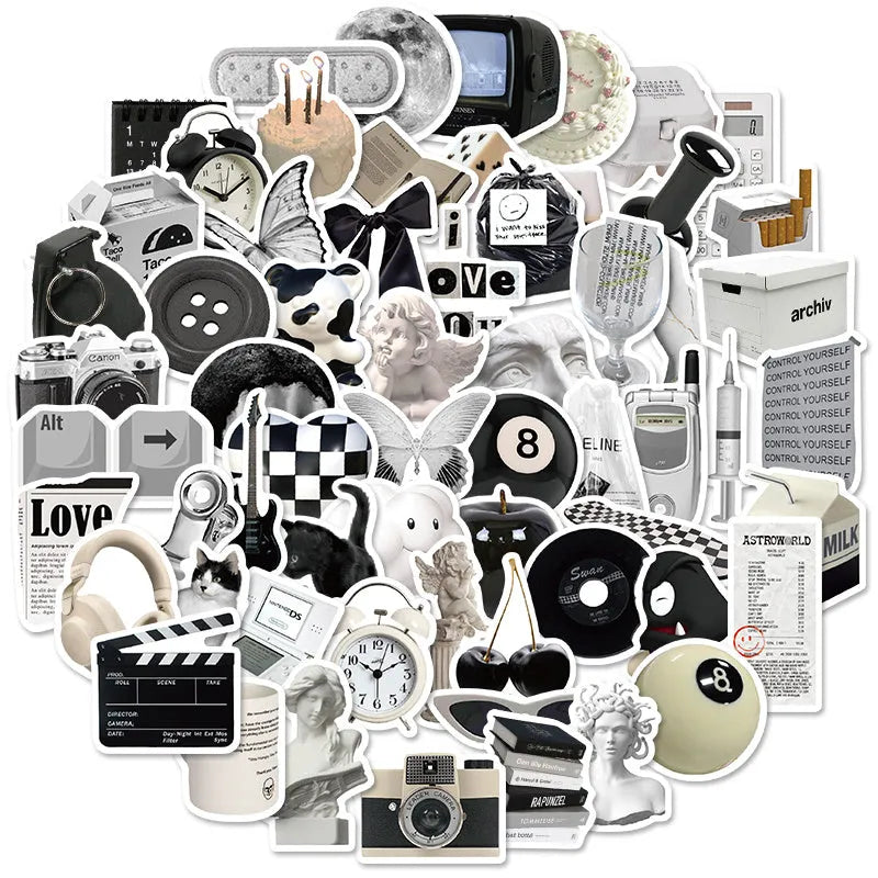 A pack of 61 black and white simple design waterproof PVC stickers for laptops and personal items.