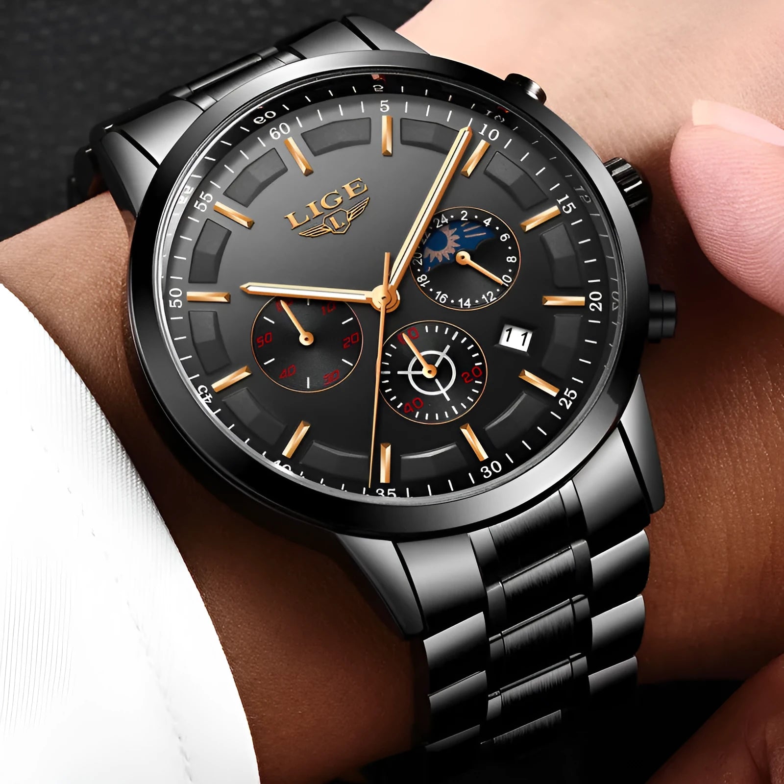 Men's black and rose red gold quartz sports watch with waterproof construction and digital display