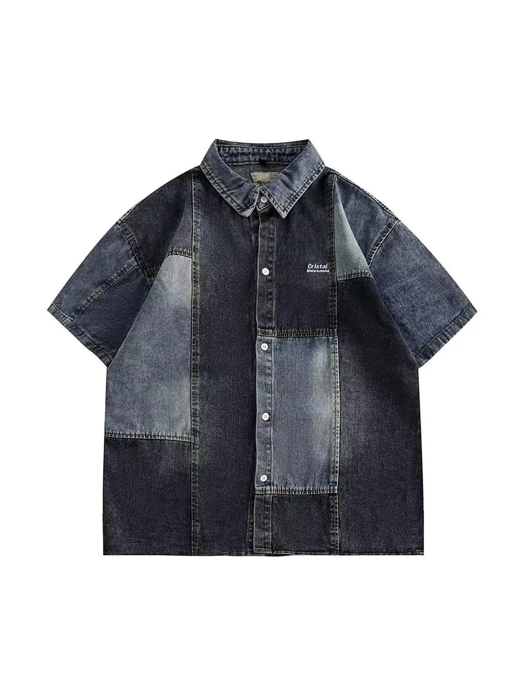 Blue Japanese-inspired men's denim shirt with washed stitching and loose cardigan fit