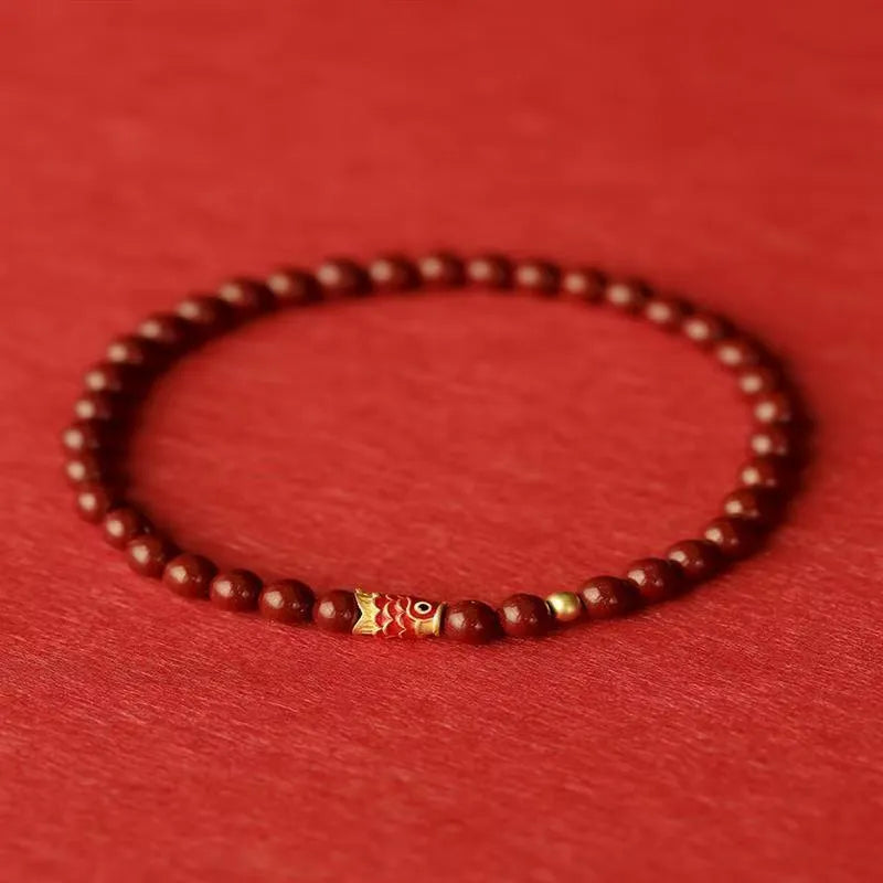 Natural raw ore cinnabar koi bracelet with golden ball model, 4mm beads, national style