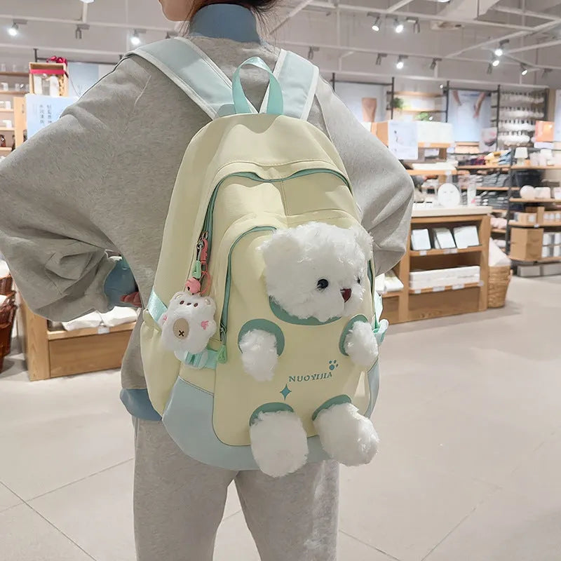 Cute Bear nylon backpack with curved strap in yellow pink macaron colour, 20-35 litre capacity